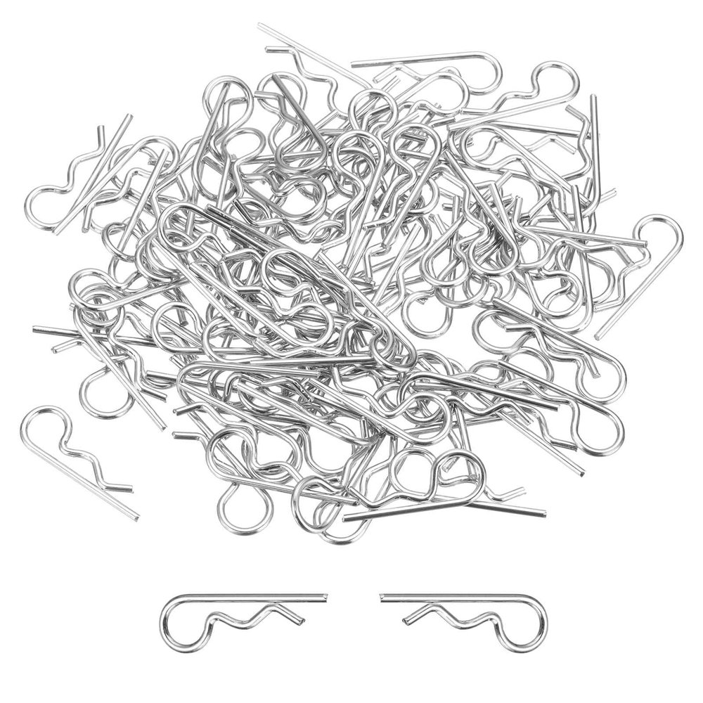 DMiotech 100Pcs Body Clips Bent RC Car Shell Clip Model Car R Pins Silver Universal Shell Replacement Parts for 1/10 Scale RC Car,27mm/1.06"