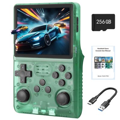 R40S Retro Game Console - 3.5 Inch IPS Screen, 256G Extra Large Memory, Portable Pocket Video Player, Linux System, Travel Essentials, Perfect for Halloween (Transparent Green 256G)