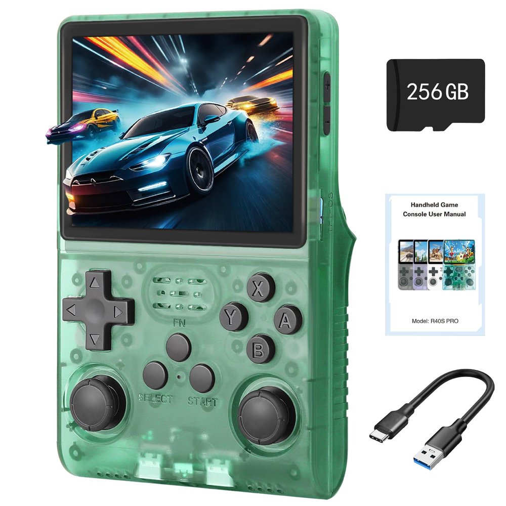 R40S Retro Game Console - 3.5 Inch IPS Screen, 256G Extra Large Memory, Portable Pocket Video Player, Linux System, Travel Essentials, Perfect for Halloween (Transparent Green 256G)