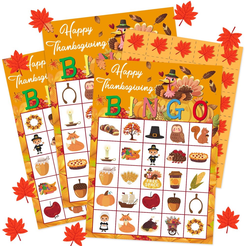 JUESMOS Thanksgiving Bingo Games for Kids Adults 24 Players Turkey Fall Thanksgiving Bingo Cards Thanksgiving Party Games Supplies Favors for Family School Classroom Game Activities 5 x 7 Inches