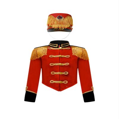 QinCiao Kids Boys Drum Major Team Uniform Drummer Performance Costume Marching Band Tassel Jacket and Hat B Red 14 Years