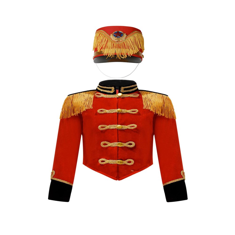 QinCiao Kids Boys Drum Major Team Uniform Drummer Performance Costume Marching Band Tassel Jacket and Hat B Red 14 Years