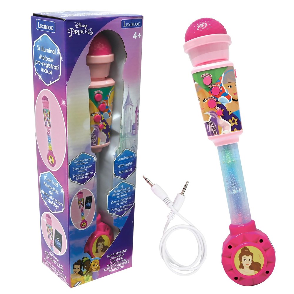 LEXIBOOK, Princessas Disney Luminous Microphone for Kids, Musical Toy, Built-in Speaker, Luminous Effects, Aux-in Input, Pink, MIC90DP