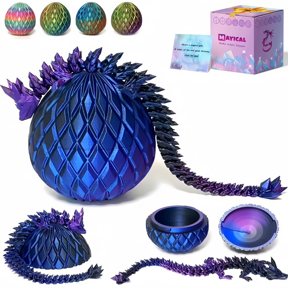 3D Printed Dragon Egg, Large 12" Mix 3 Laser Color Crystal Dragon in Eggs with Gift Box & Card, 3D Printed Animals Figurine Birthday Gifts (BlackBluePurple)