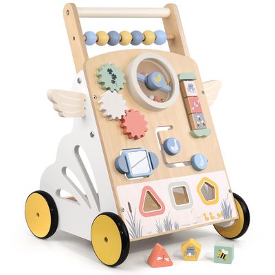 KizKnows Wooden Baby Walker with Activity Center, Adjustable Speed Push Walker for Toddlers, Sit-to-Stand Learning Walker Toy for Boys & Girls 1224 Months
