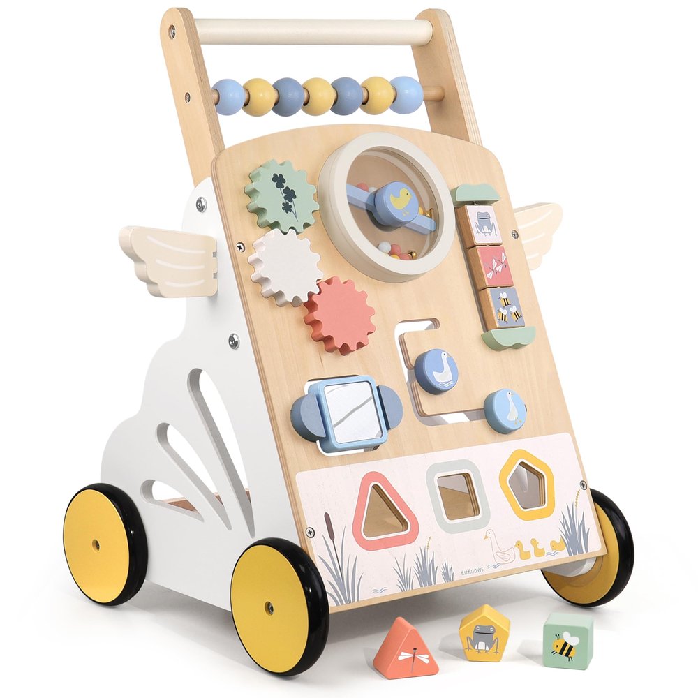 KizKnows Wooden Baby Walker with Activity Center, Adjustable Speed Push Walker for Toddlers, Sit-to-Stand Learning Walker Toy for Boys & Girls 1224 Months