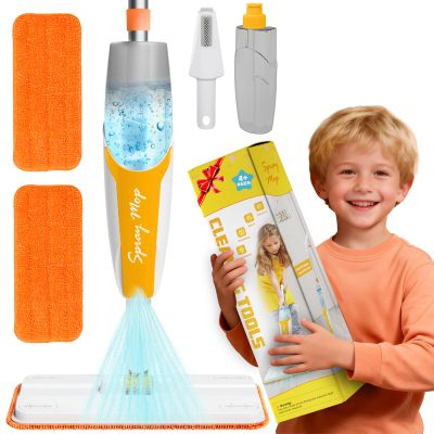 Kids Spray Mop Cleaning Set - Realistic Pretend Play Cleaning Toys for Toddlers 4+ | Functional Water Spray Mop with 2 Washable Pads & Scraper | Montessori Household Educational Gift for Boys & Girls