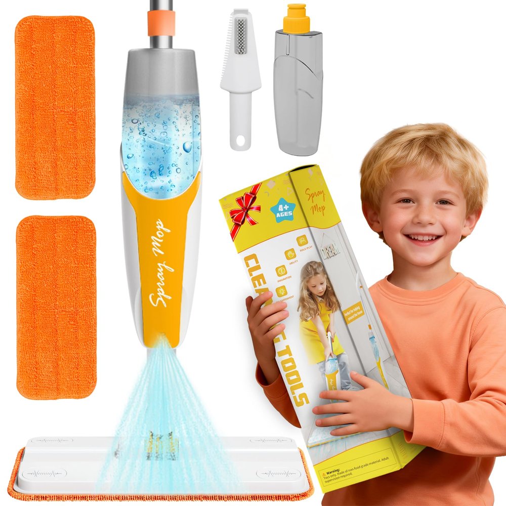 Kids Spray Mop Cleaning Set - Realistic Pretend Play Cleaning Toys for Toddlers 4+ | Functional Water Spray Mop with 2 Washable Pads & Scraper | Montessori Household Educational Gift for Boys & Girls