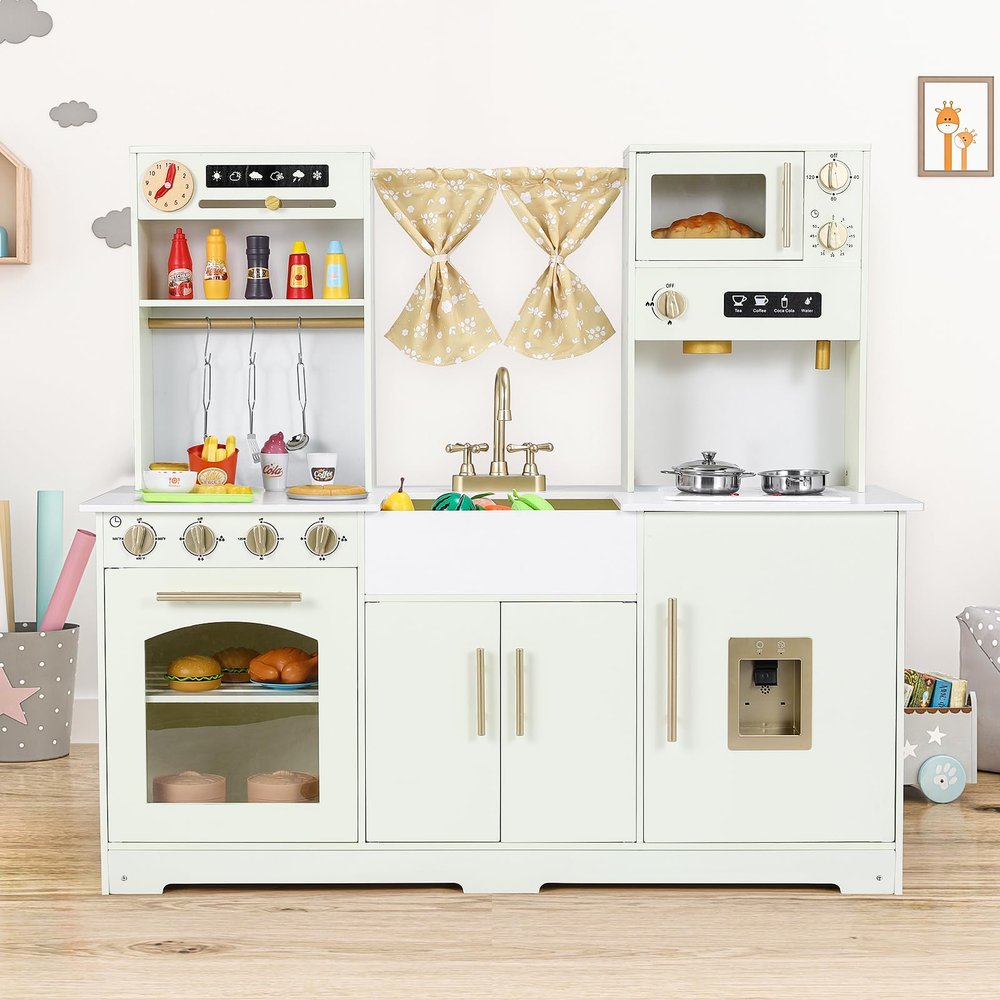 Arlopu Wooden Large Kid Play Kitchen Set, Safe Cooking Playset with Accessories, Stove, Oven, Sink, Storage Cabinet, Water Dispenser, Clock, Mini Kitchen for Girls and Boys (Yellow)