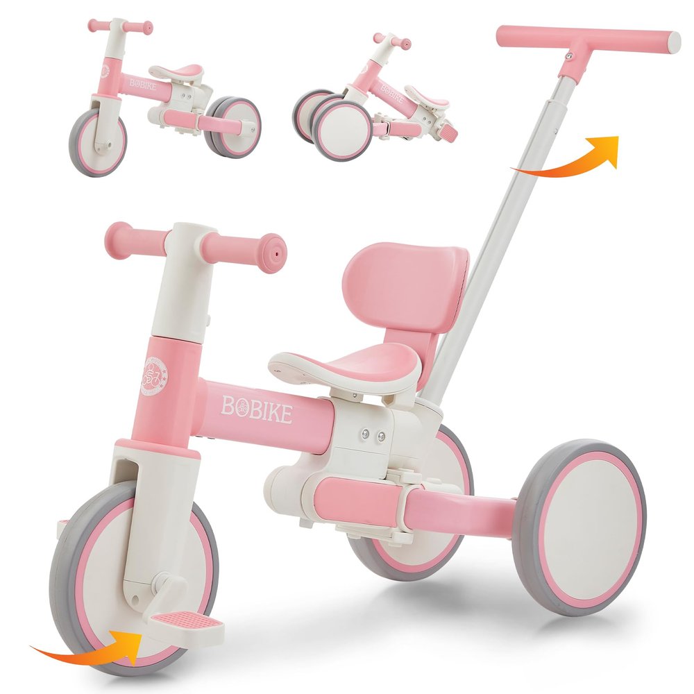 Bobike 5-in-1 Tricycle for Toddlers 18 Months to 5 Years Old, Toddler Bike, Kids Tricycle with Push Handle and Backrest, Toddler Balance Bike with Easy Assembly for Boys and Girls.(Pink)