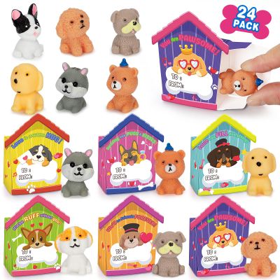 24 Pack Valentines Day Cards with Dog Figurines, Valentines Day Gifts for Kids of Puppy Miniature Toys, Kids Valentines Cards Box & Resin Mini Dog Toys, Valentines Party Favors for Boys Girls