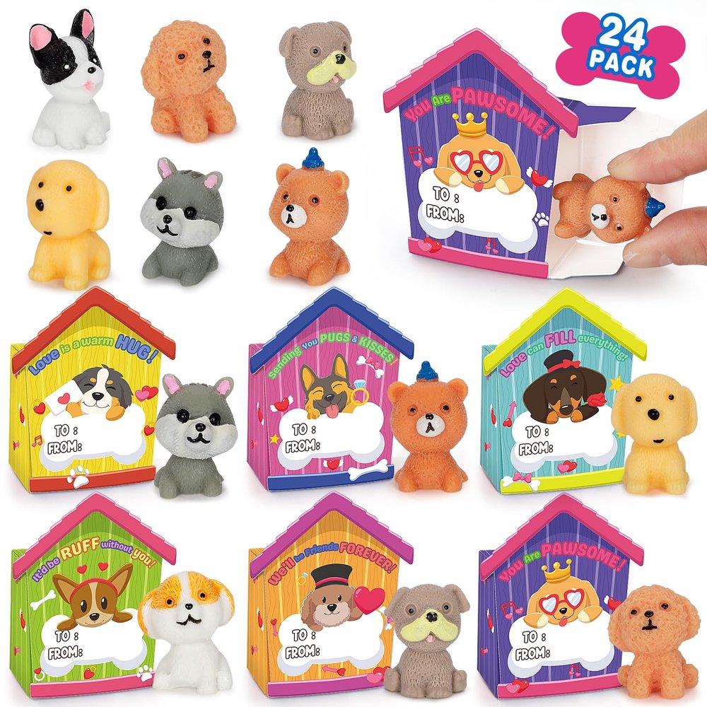 24 Pack Valentines Day Cards with Dog Figurines, Valentines Day Gifts for Kids of Puppy Miniature Toys, Kids Valentines Cards Box & Resin Mini Dog Toys, Valentines Party Favors for Boys Girls