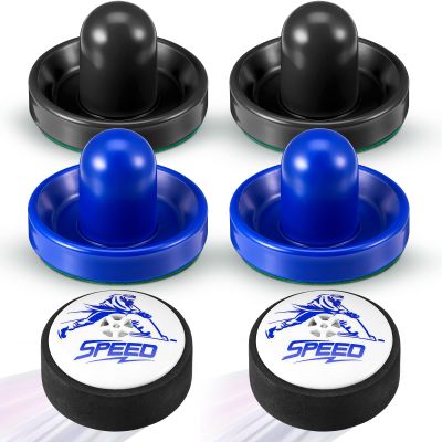 6 Pcs Hockey Pucks Air and Paddles Include 2 Electric Floating Hockey Puck 4 Goal Pusher Paddles Replacement Accessories for Any Flat Surface Game Tables Christmas Family Party, No Batteries Included