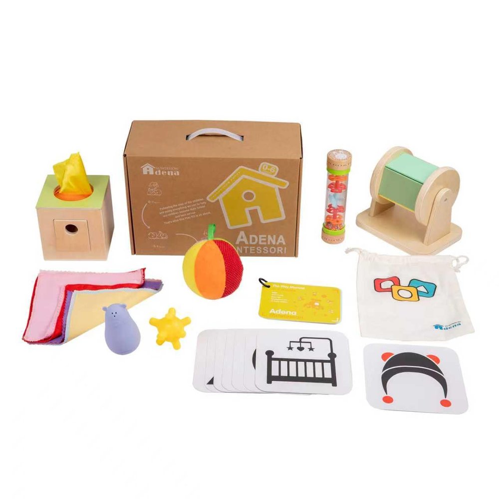 Adena Montessori Play Kit for 0-6 Month Baby,8 in 1 Learning Kit Includ Black&White Card,Rainmake Rattle,Sensory Ball,Tummy Time Wobbler,Tissue Box,Tissue,Rainbow Ball,Rainbow Drum