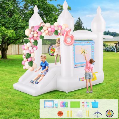 White Bounce House Indoor/Outdoor for Kids 2-8 with Balloons, Magical Water Canvas, Dart Target Balls, Bar Dart Set, Basketball, 102 x 70 x 97 Jumping Castle with Slide for Birthday Party, Wedding
