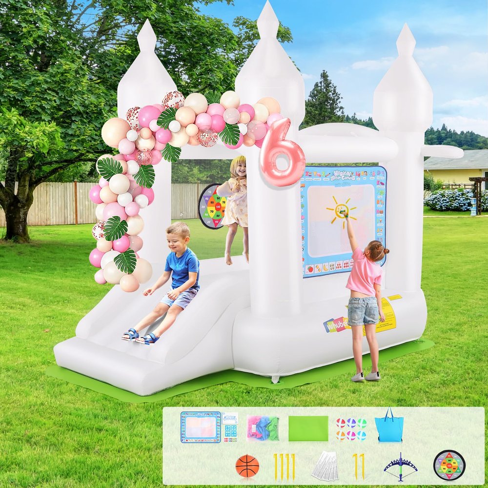 White Bounce House Indoor/Outdoor for Kids 2-8 with Balloons, Magical Water Canvas, Dart Target Balls, Bar Dart Set, Basketball, 102 x 70 x 97 Jumping Castle with Slide for Birthday Party, Wedding
