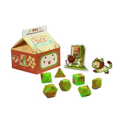1985 Games Kiwi Kawaii Cat Dice Set Milk Carton-Inspired Dice for DND | TTRPGs & Tabletop Roleplaying