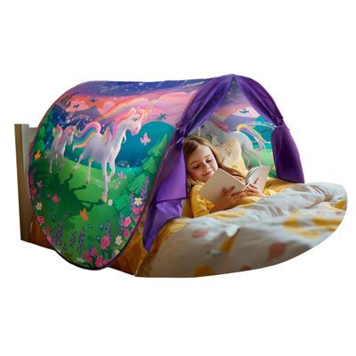 Dream Tents Unicorn Themed Toddlers Canopy Tent for Bed | Magical Glow-in-the-Dark Elements & Friendship Affirmations | Cozy Kids Bed Tent Twin for Bedtime Reading Nook & Imaginative Play
