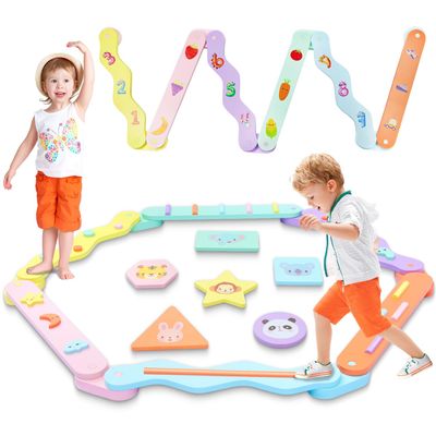 Ansee Wooden Balance Beam for Kids, Montessori Toddler Stepping Stones with Non-Slip Pad Animal Number Fruit Pattern, Double Sided Design Balance Boards Sensory Educational Toys