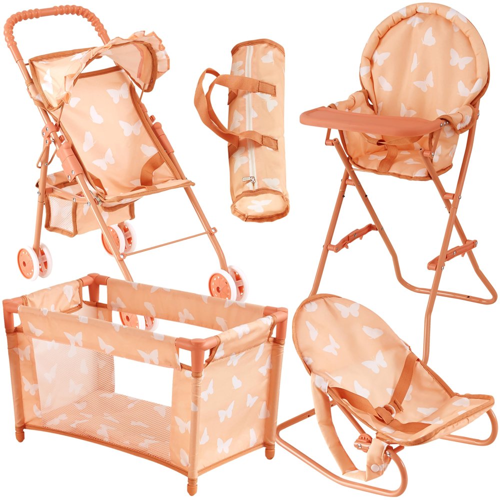 4-in-1 Baby Doll Stroller Set with Butterfly Design  Includes Toy Stroller, Crib, Bouncer & High Chair  Doll Accessories & Baby Doll Furniture Set for Toddlers 3-4 Years  Fits Dolls up to 18 Inches