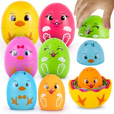 ArtCreativity Stacking Egg Cup Bath Toy - Set of 11 - Baby Easter Nesting Bath Toys for Toddlers in Colorful Bunny & Chick Designs - Easter Egg Toys, Gifts, and Basket Stuffers for Kids