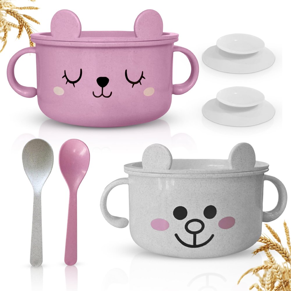 SnugglyBites Unbreakable Bowls for Babies & Toddlers with Spoon and Plate, Eco-Friendly Wheat Straw, Stay Put Suction, BPA-Free, Microwave & Dishwasher Safe, Lightweight, No Soap Taste (Pink&White)