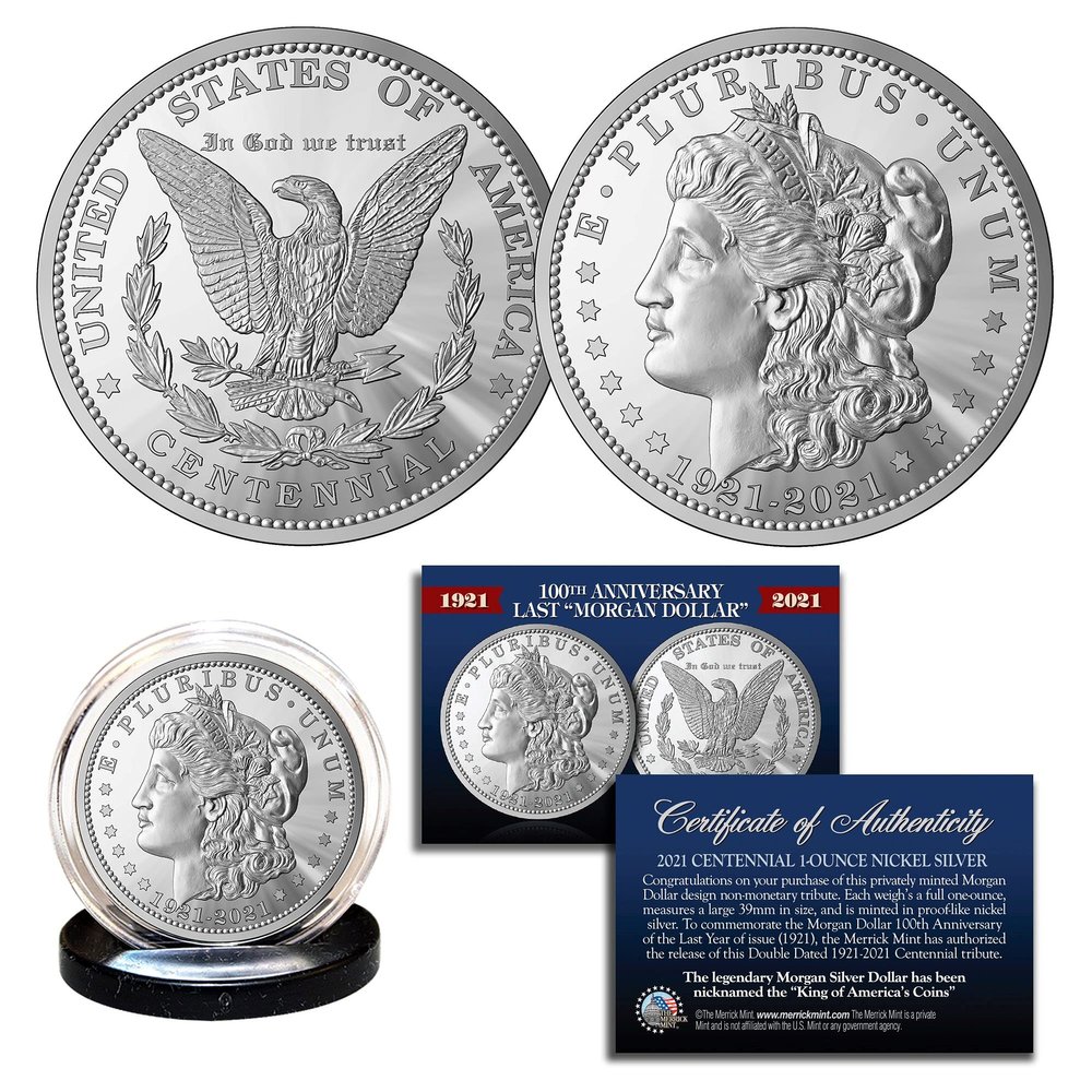100th Anniversary of The Final Morgan Dollar 1 OZ 39mm Tribute Coin Medallion Double Dated with Certificate and Coin Stand
