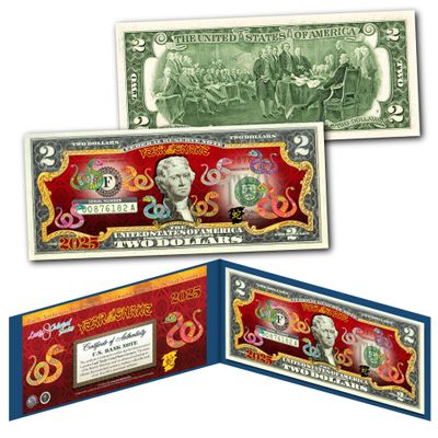 2025 Chinese Lunar New Year of The Snake $2 Polychromatic 8 Colorized Snakes Uncirculated Two Dollar Bill Special Edition in Collectible Blue Display Folio