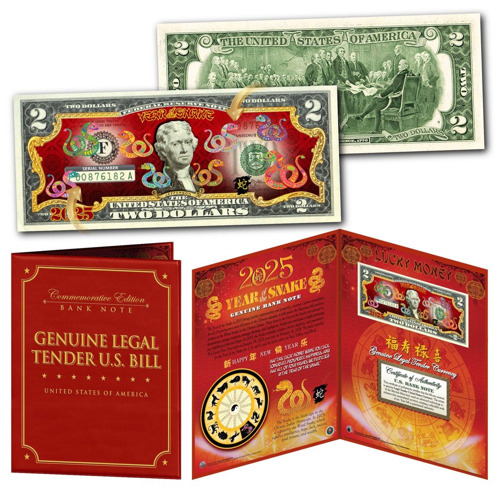 2025 Chinese Lunar New Year of The Snake Polychromatic 8 Colorized Snakes Uncirculated Two Dollar Bill Special Edition in Collectible 8x10 Large Display Folio