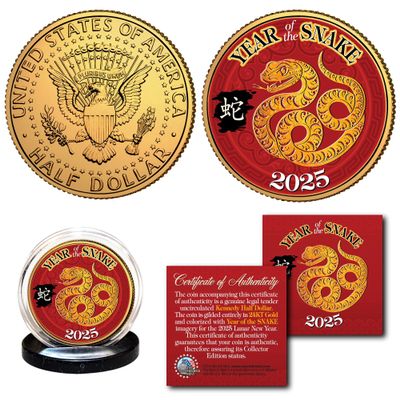 2025 Year of The Snake Chinese Lunar New Year of The Snake Gold Plated JFK Kennedy Half Dollar Collectible Coin