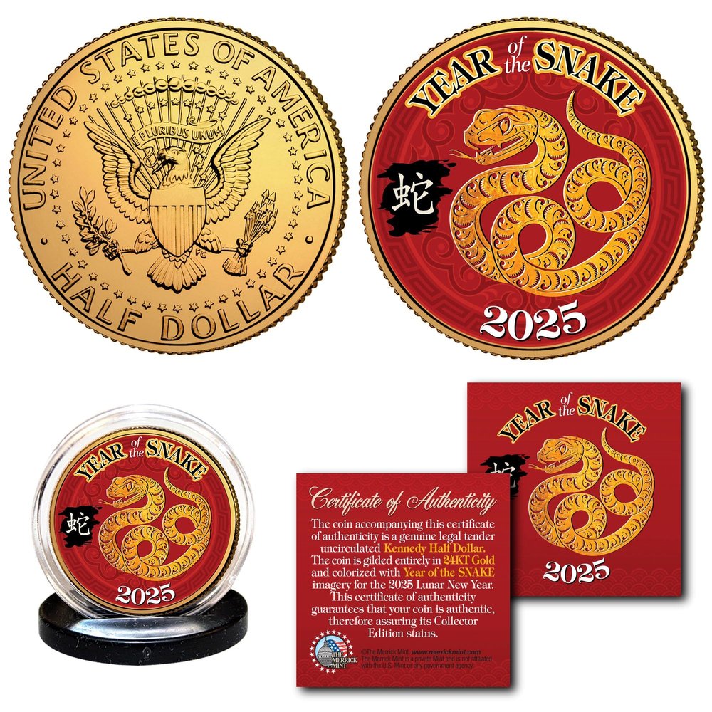 2025 Year of The Snake Chinese Lunar New Year of The Snake Gold Plated JFK Kennedy Half Dollar Collectible Coin