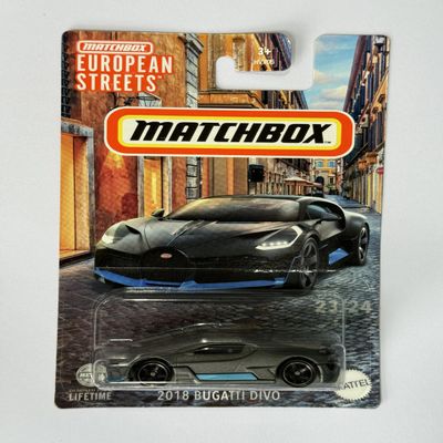 2024 Matchbox European Streets 2018 Bugatti Divo Metalflake Matte Dark Grey 23/24 (Long Card) HVV44