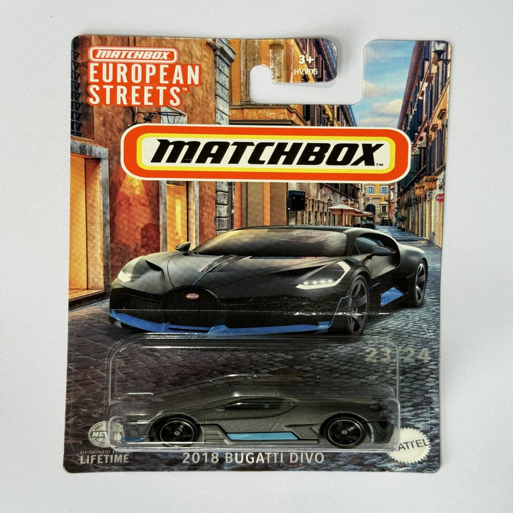 2024 Matchbox European Streets 2018 Bugatti Divo Metalflake Matte Dark Grey 23/24 (Long Card) HVV44
