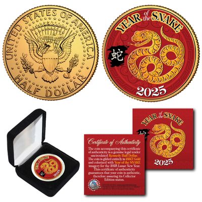 2025 Chinese Lunar New Year of The Snake Gold Plated JFK Kennedy Half Dollar Collectible Coin with Gift Box