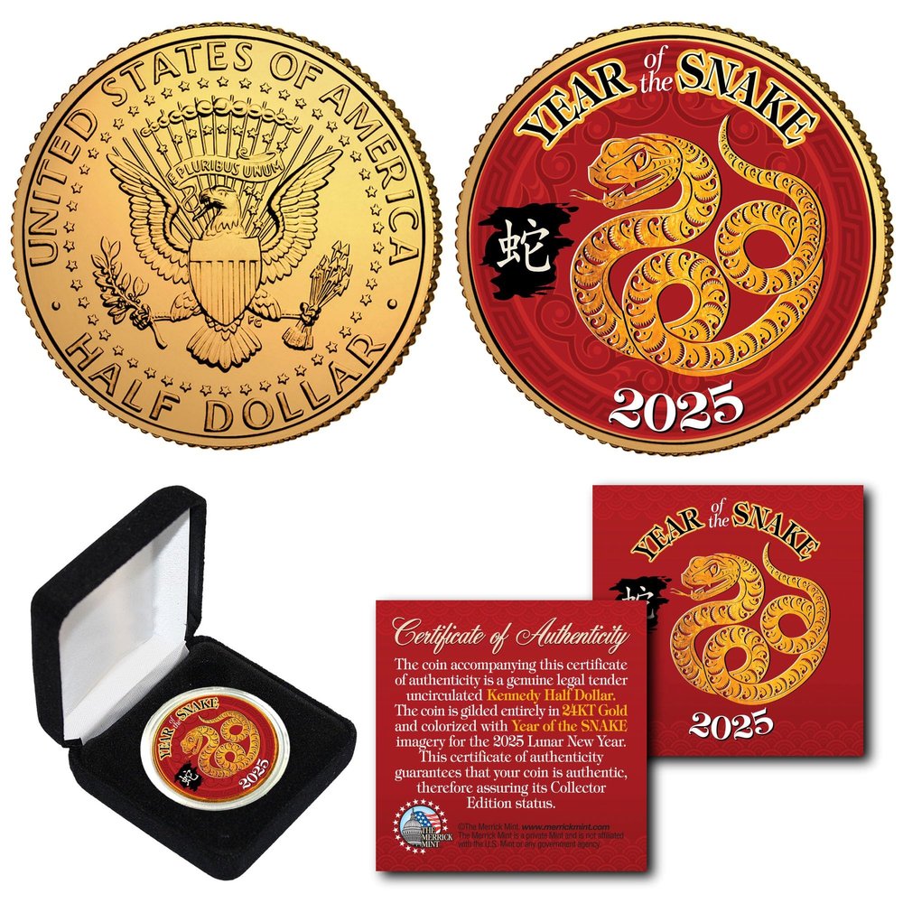 2025 Chinese Lunar New Year of The Snake Gold Plated JFK Kennedy Half Dollar Collectible Coin with Gift Box