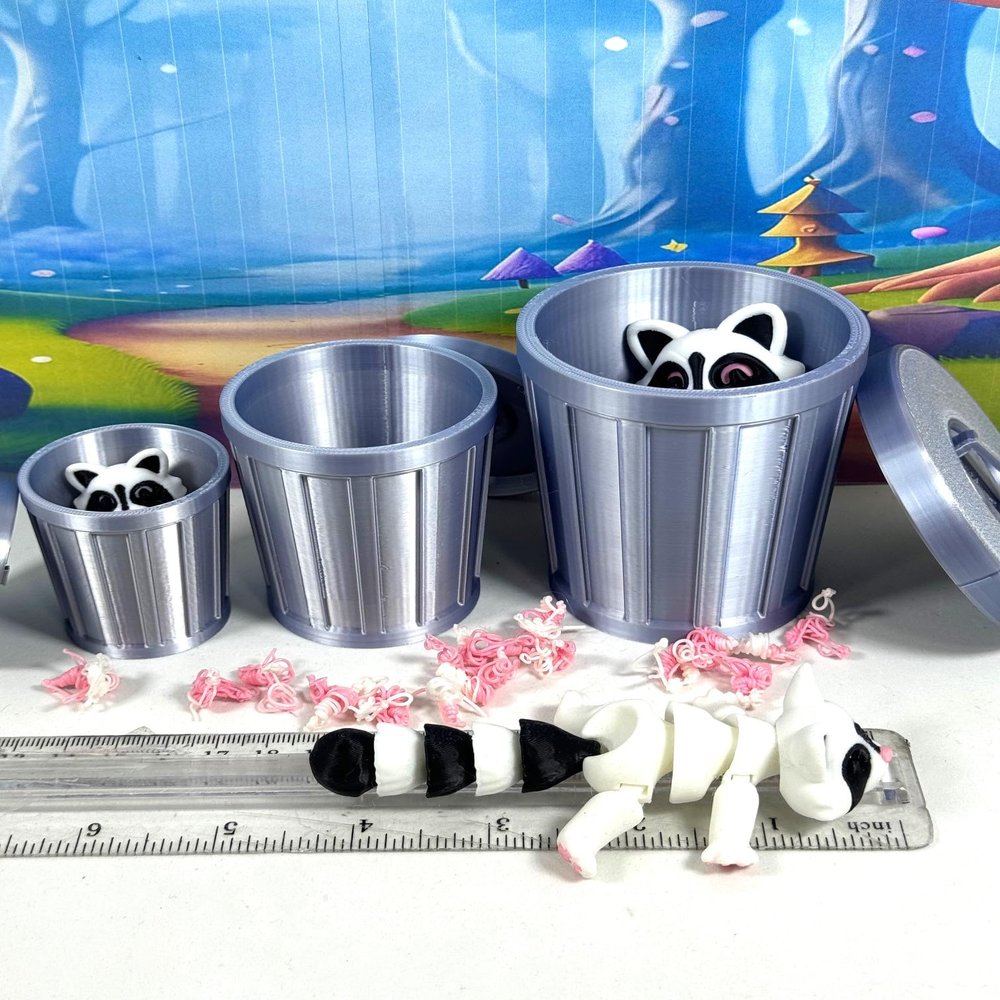 3D Printed Articulated Racoon with Trash Can, Cute Animal Black and White Racoon, 1 pc only IHWAR002 (Medium - 4.3 Inches)