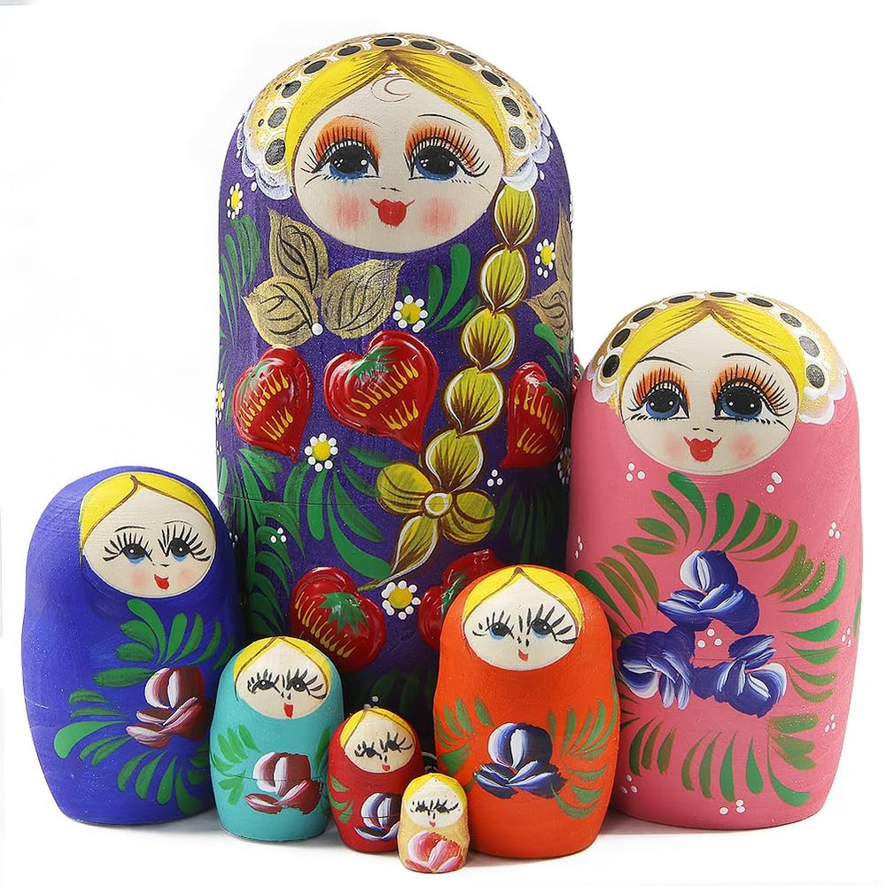 Set of 7 Pcs Traditional Russian Matryoshka Dolls Girl with Flower Nesting Dolls Long Pigtail Girl with Strawberry Handmade Wooden Dolls For Birthday Christmas Kid Stacking Toy Gift Home Decor