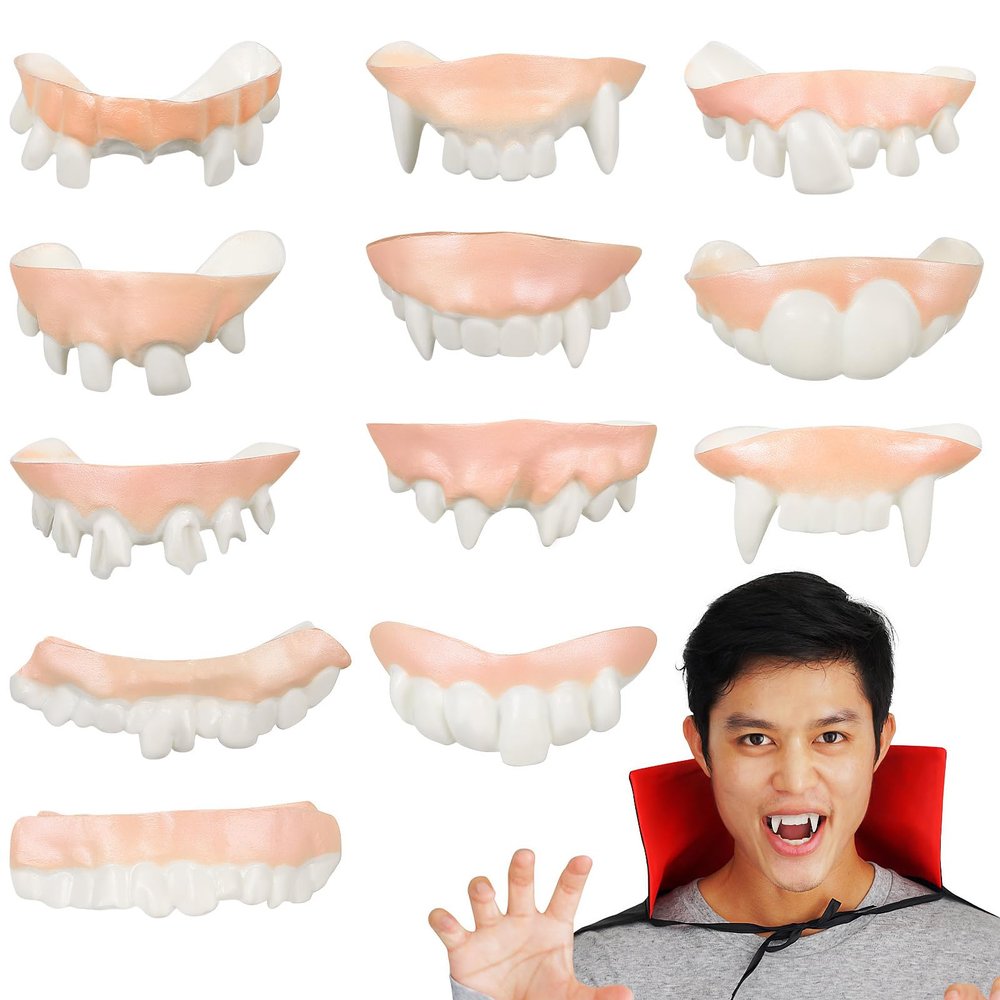 Abaodam Authentic Look Vampire Teeth 12 Pack Retractable Fake Fangs Comfortable for Halloween Party