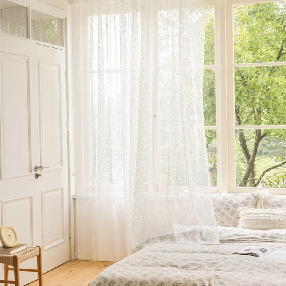 HooHero White Light Luxury Girl Princess Style Lace 54 Wide Kids Baby Sheer Curtains Home Decor for Living Room Bedroom Patio