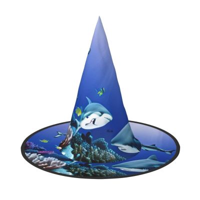 BGSHJVF Shark Swimming Under The Sea Print Halloween Witch Hat Cosplay Caps Halloween Decoration Costume Accessories For Halloween Party