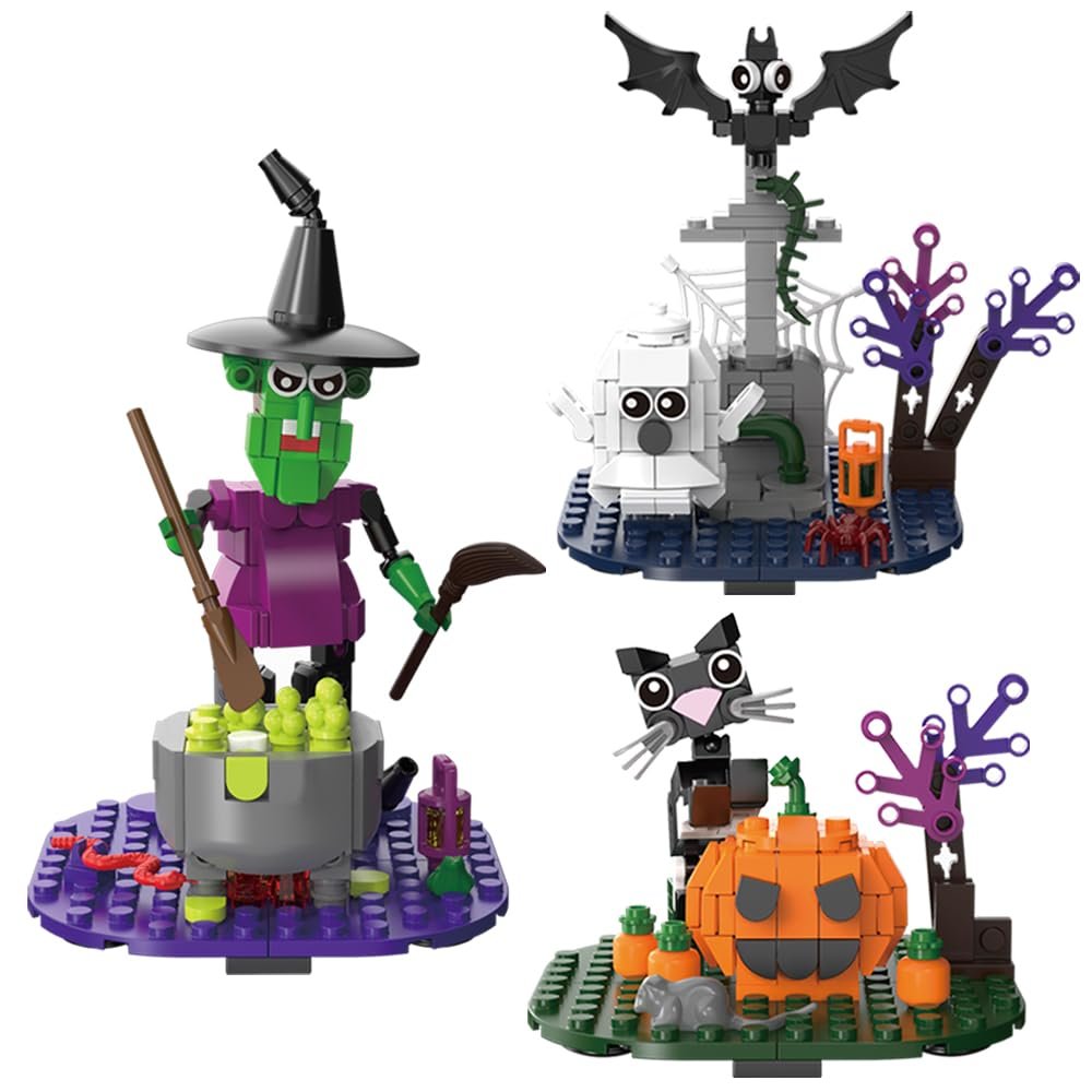 AMSHINE Halloween Building Blocks Set - Pumpkin Ghosts Witch Cat Grave Kit, Party Favors Gift Ornament for Kids