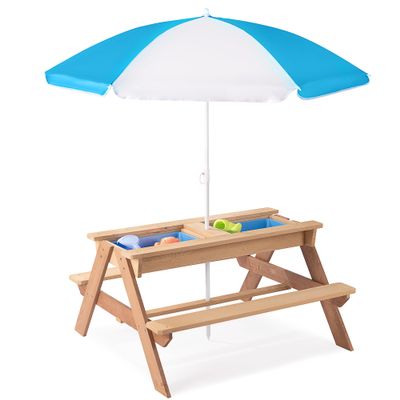 Beright 3-in-1 Kids Sand and Water Table, Wood Outdoor Convertible Picnic Table with Umbrella, 2 Trays, Activity Table for Outdoor Backyard Patio Play (Natural Wood)
