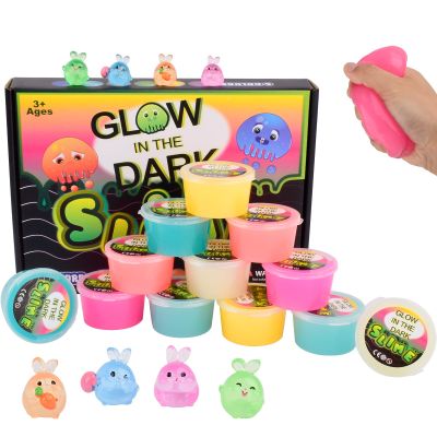 Afofall Slime Party Favors, Glow in The Dark Slime 12 Pack, Non-Sticky, Mess-Free, Neon Blue Green Pink Yellow Colors Bunny Slime Kit, Perfect Easter Basket Fillers, Birthday Gifts, Classroom Rewards