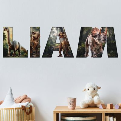Dinosaur Wall Decal Sticker Art with Custom Name Vinyl Letters for Boys Rooms-Personalized T-Rex Dino and Velociraptor-Raptor Theme Bedroom Decor, Peel and Stick Decorations for Kids and Teens