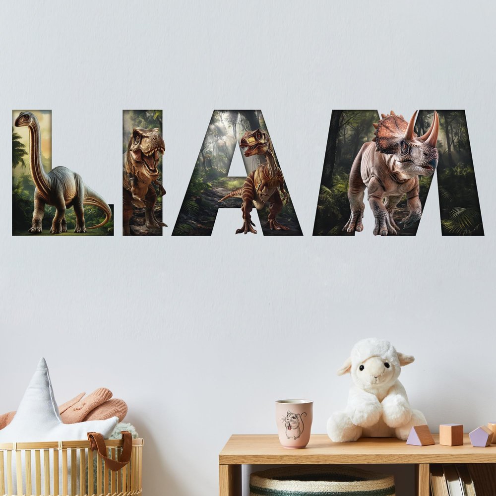 Dinosaur Wall Decal Sticker Art with Custom Name Vinyl Letters for Boys Rooms-Personalized T-Rex Dino and Velociraptor-Raptor Theme Bedroom Decor, Peel and Stick Decorations for Kids and Teens