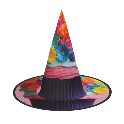BGSHJVF Colorful Cupcakes Rainbow Flower Cake Print Halloween Witch Hat Cosplay Caps Halloween Decoration Costume Accessories For Halloween Party