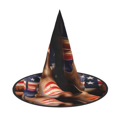 BGSHJVF American Flag With Cowboy Boots Print Halloween Witch Hat Cosplay Caps Halloween Decoration Costume Accessories For Halloween Party