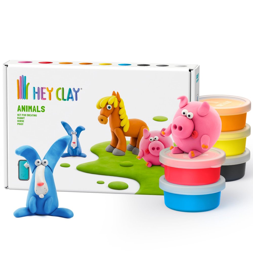 HEY CLAY Colorful Modeling Air Dry Clay for Kids 6 cans with Fun Interactive Instructions App - Kids Activities Age 3+ (Animals: Piggy, Horse, Rabbit)