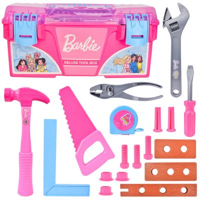 Barbie Tool Box Playset 18 Piece Deluxe Tool Set, Pretend Play Construction Tools with Tape Measure, Girls Pink Tool Box with Handle, Perfect Preschool Role Play Toy for Kids