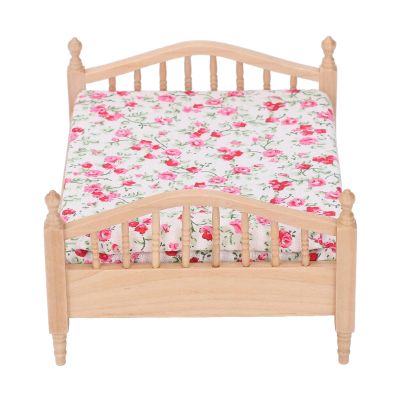 1/12 Miniature Dollhouse Bed Elegant Miniature Bed Furniture Decorative Wooden Dollhouse Bed Floral Furniture Miniature Bed Accessories